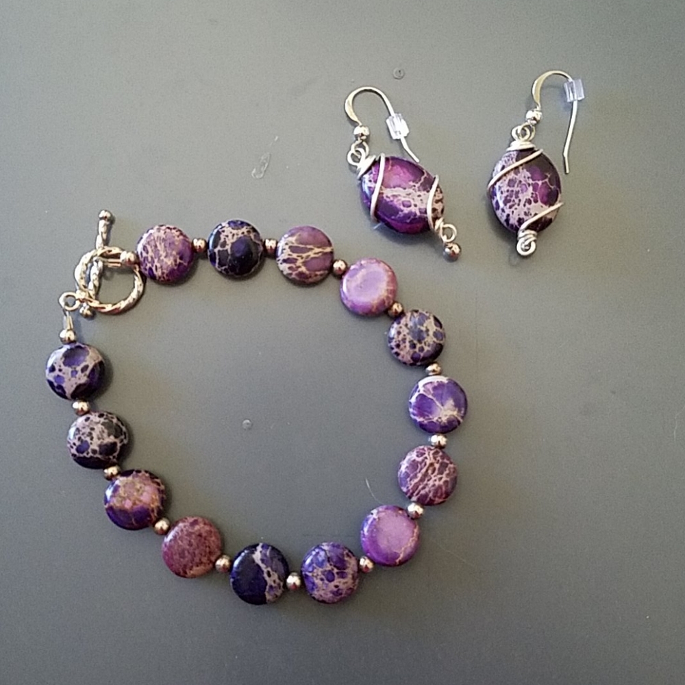 Imperial jasper & silver earrings & bracelet